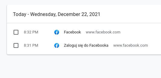Zrzut ekranu z okna Chromium zawierającego informacje o historii. Na liście widać tylko dwie pozycje i obie mają w nazwie „Facebook”.