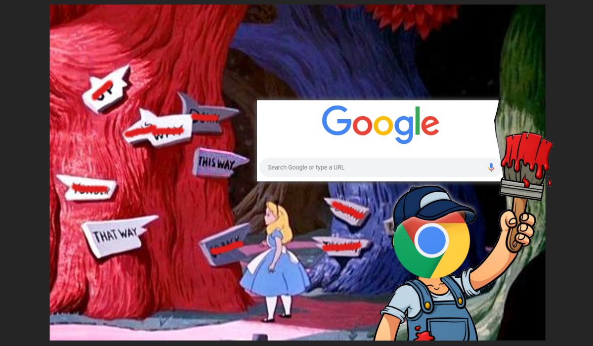 Kadr ze starego filmu animowanego o Alicji w Krainie Czarów, pokazujący dziewczynkę stojącą w lesie obwieszonym drogowskazami. Wszystkie są zamalowane czerwonym kolorem, poza paroma skierowanymi w prawo, w stronę paska wyszukiwarki Google widocznego w tle. Na pierwszym planie widać rysunkową postać z pędzlem w dłoni, z którego kapie czerwona farba. Postać ma zamiast głowy logo przeglądarki Chrome.