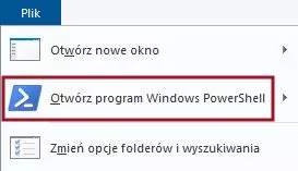 Menu Eksploratora. Druga opcja od góry, 'Otwórz program Windows PowerShell', jest otoczona czerwoną ramką.