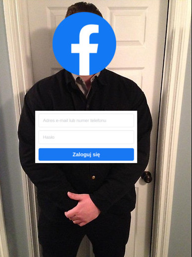 Przeróbka pewnego mema. Widać ochroniarza w czarnym ubraniu zastawiającego ciałem drzwi. Na jego twarz naklejono logo Facebooka, a na klatkę piersiową pole z komunikatem mówiącym 'Zaloguj się'.