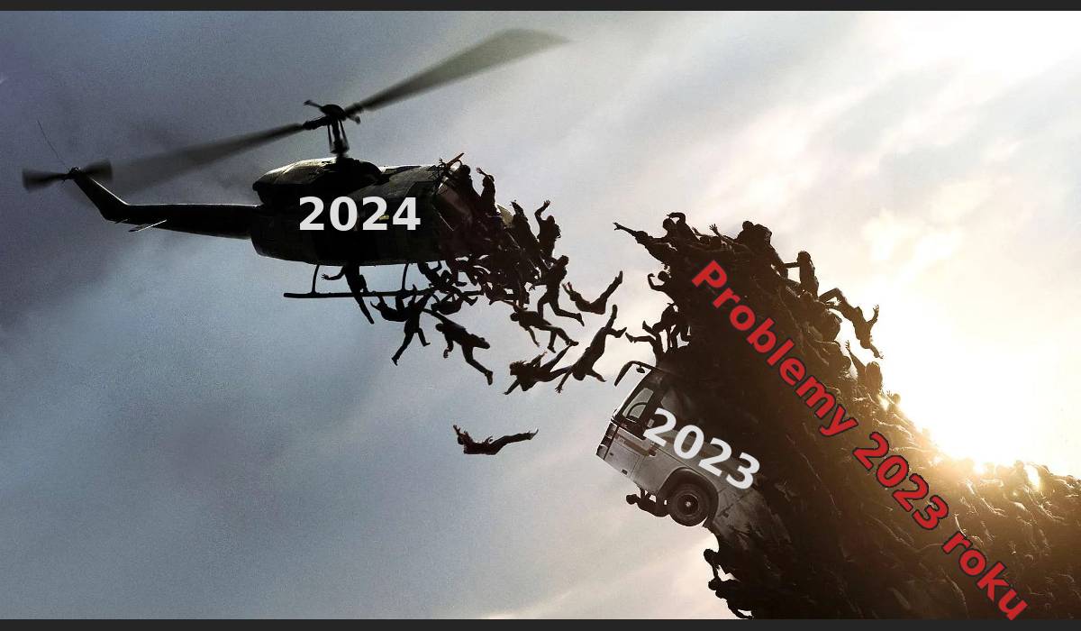 Kadr z filmu World War Z, pokazujący armię zombie próbującą przeskoczyć z autobusu na helikopter. Autobus jest podpisany 2023, zombie to 'Problemy roku 2023', a helikopter to 2024.