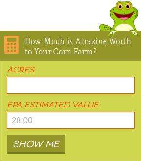 Formularz na zielonym tłem, podpisany 'Ile jest warta atrazyna dla twojej farmy kukurydzy?'. W prawym górnym rogu widać uśmiechniętą rysunkową żabkę