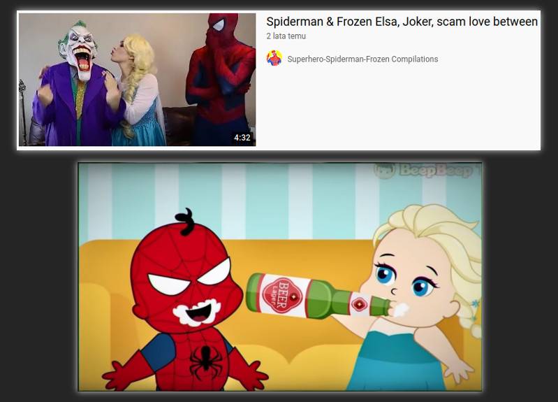 Dwie miniatury filmów z YouTube'a ciemnym tle. Na pierwszej widać trzy postacie w kostiumach Elsy, Spidermana i Jokera. Na drugiej rysunkowego Spidermana i Elsę, stylizowanych na postaci dziecięce. Spiderman ma na brodzię pianę, a Elsa pociąga łyk z butelki podpisanej 'piwo' po angielsku.